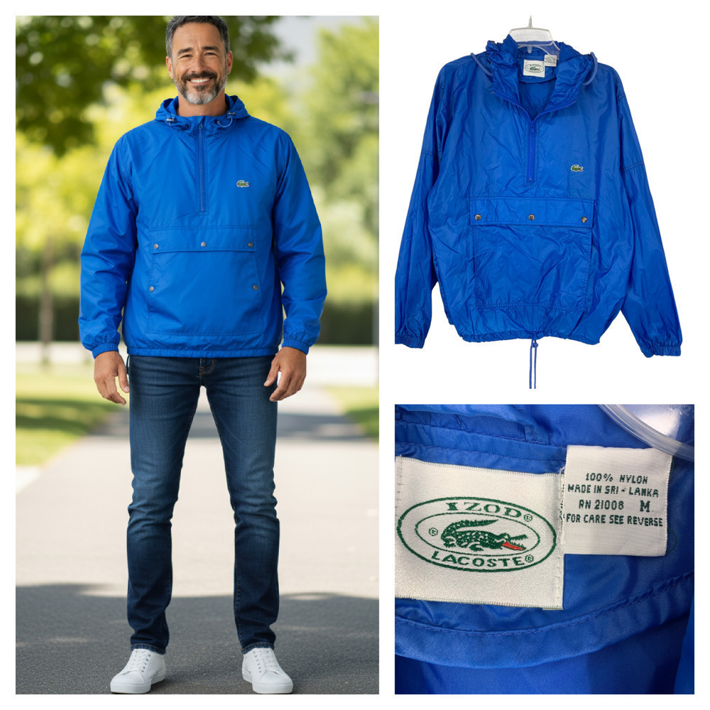 Vtg 1980's Izod Lacoste Sz M Blue Packable Windbreaker Pullover Stadium Jacket